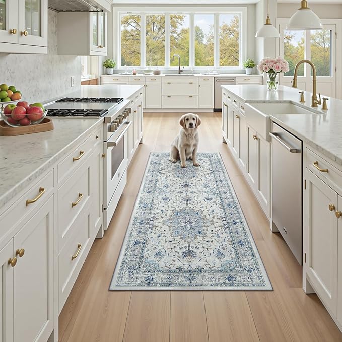 Area Rugs 3'x6' Runner Rug Non Slip Washable for Kitchen Hallway Bedroom Beside Laundry Room Bathroom Rug, Floor Carpet, Light Blue Navy Beige Gray White