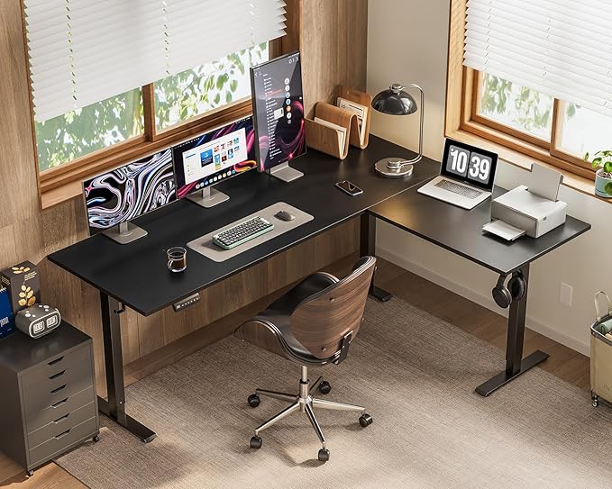 OffiGo 63 Inch Reversible L Shaped Electric Standing Desk, Height Adjustable Corner Stand up Desk, Ergonomic Large Lift Computer Table for Home, Office, Workstation, Black
