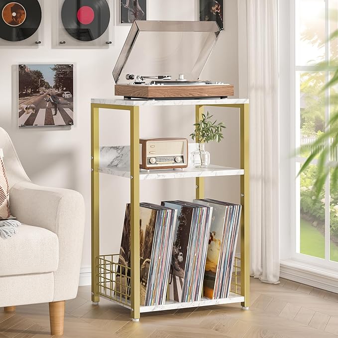 LELELINKY Large White Marble Record Player Stand with Golden Metal Frame, 3 Tier 18" Wide Big End Table with Vinyl Storage Up to 130 Albums, Industrial Turntable Printer Tables for Living Room, Office