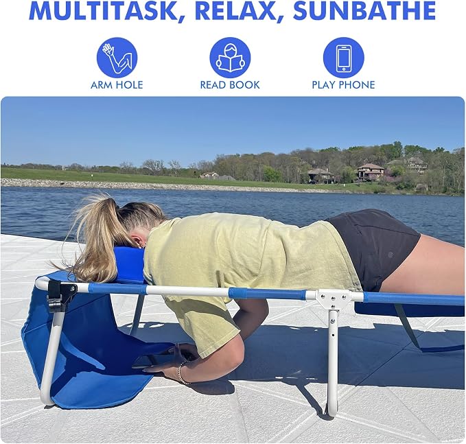 Tanning Chair with Sun Canopy Face Hole Softer Padded Adjustable Washable, Heavy Duty Layout Folding Lounge Chair for Adults Outside Beach Reading Sunbathing Poolside Lawn, UPF 50+ Sun Shade, 300 LBS