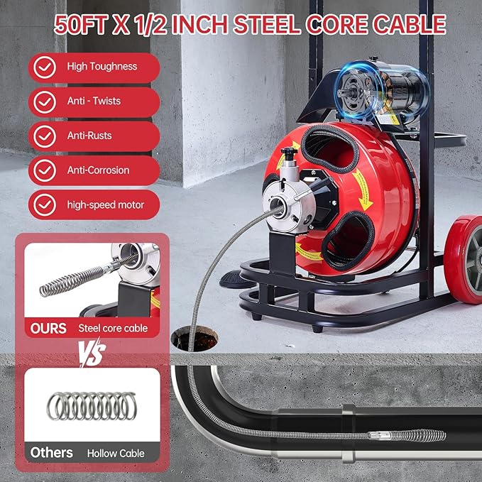 Drain Augers,50FT Steel Core Cable,CW/CCW Switch,Forward Reverse Control,Quick Replaceable Cutters -Electric Sewer Snake for 1"-4" Pipes,250W Motor Speed 1700 RPM,Air-Activated Foot Control