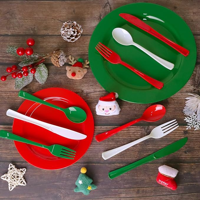 153 Pcs Christmas Plastic Silverware Heavy Duty Disposable Tableware Sets Includes Spoons Forks Knives for Christmas Party Decorations (Red Green White)