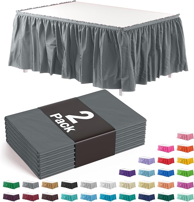 Exquisite Ruffle Table Skirt Silver 2 Pack 14 Ft Long Table Skirts for Rectangle Tables 6ft Plus or Round Tables Skirts with Adhesive Strip for Gender Reveal Decor & Happy Birthday Parties