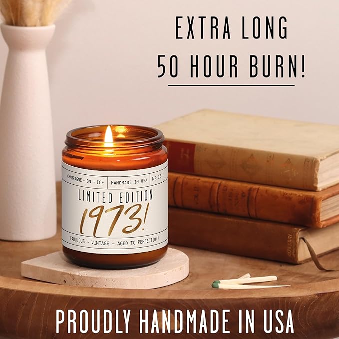 52nd Birthday Gifts for Women - 'Limited Edition 1973' Soy Candle, w/Champagne on Ice I 52 Birthday Gifts for Women I 52nd Gift for Her Ideas I 9oz Reusable Jar, 50Hr Burn, Made in USA