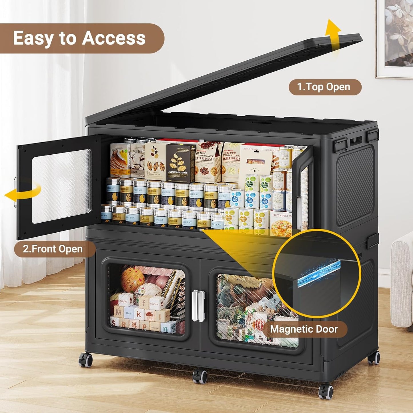 BROVIEW 1200 Qt Stackable Storage Bin with Lid, 300Gal Extra Large Collapsible Storage Boxes, Folding Plastic Drawer, Heavy-Duty Store Cabinet, Closet Organizer for Home Kitchen, 4 Pack Black