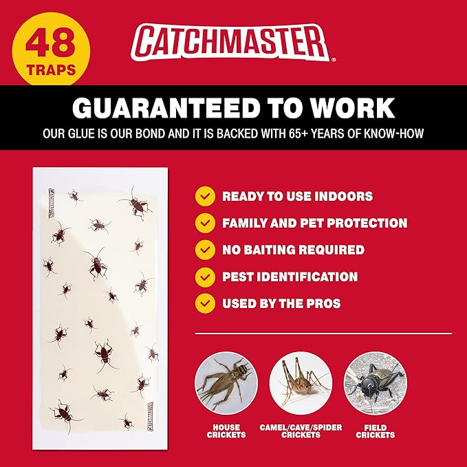 Catchmaster Cricket XL Giant Glue Boards 48Pk, Cricket Traps Indoor with Adhesive Attractant Design, Bug Catcher Traps for Inside Your Home, Insect Killer for House & Garage, Pest Control for Home
