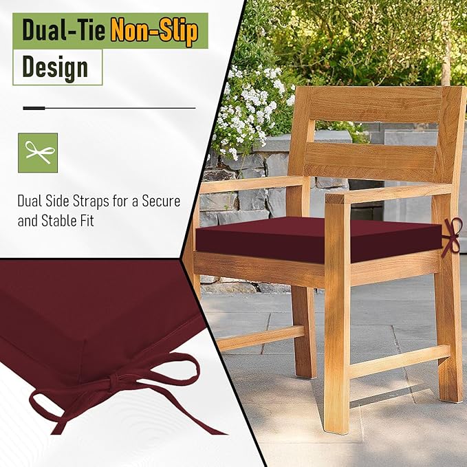 Basic Beyond Outdoor Chair Cushions Set of 4, Square Corner Outdoor Cushions for Patio Furniture, Water Resistant Patio Chair Cushions with 2 Ties, 18.5x16x3, Burgundy