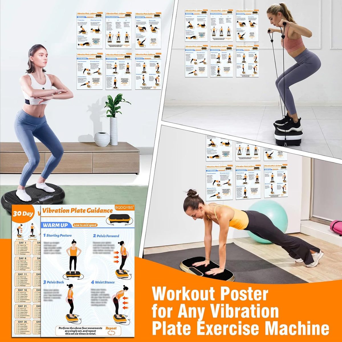 Skiennix Vibration Plate Exercise Machine Poster - 6 Workout Guides & 2 Planner Charts for Full Body Fitness