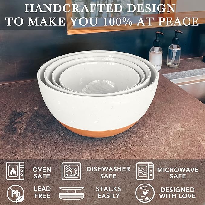 Mora Ceramic Large Mixing Bowls - Set of 2 Nesting Bowls for Cooking, Serving, Popcorn, Salad etc - Microwavable Kitchen Stoneware, Oven, Microwave and Dishwasher Safe - Extra Big 5.5 & 3.6 Qt - White