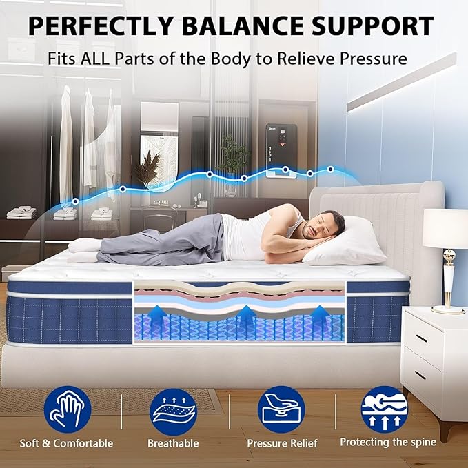Queen Size Mattress in a Box 12 Inch Hybrid Mattress [Enhanced Stability], Medium Firm Feel with Memory Foam and Pocket Springs, Reinforced Edge Support