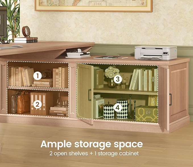 SEDETA Farmhouse L Shaped Desk with Drawers, 70.9" Home Office Desk with Storage Cabinet and Storage Shelves, L Shaped Computer Desk with Power Outlet，Oak
