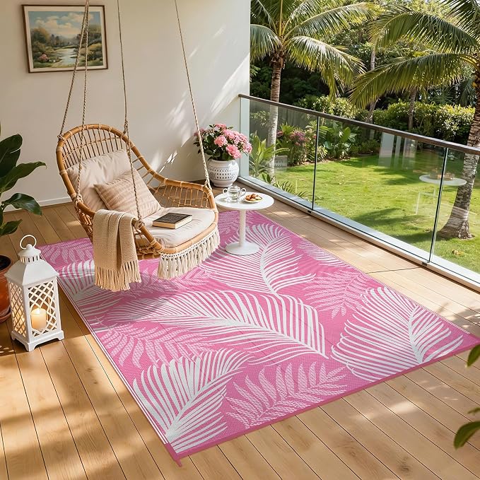 Pauwer Waterproof Outdoor Rug 6x9, Reversible Plastic Straw Patio Camping Rug, Indoor Outdoor RV Mat Carpet for Deck, Camper, Porch, Balcony, Backyard, Picnic, Leaf Pink