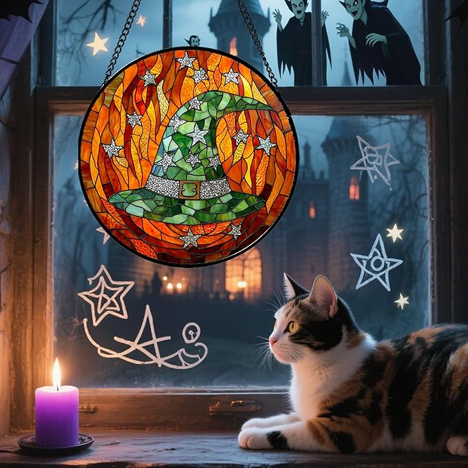 Stained Glass Window Hanging - Halloween Decorations Witch Hat Suncatcher for Doors Garden Indoor Spooky Funny Green Sun Catchers Gothic Decor Horror Gifts for Women Men Friend 9.8 in