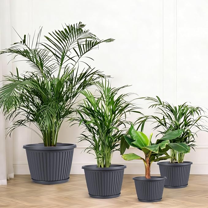 16-inch-Large-Planters-for-Outdoor-Plant，Plastic Indoor Flower Pots with Drainage Holes & Saucer，4 Packs Decorative Garden Pots for Plantfor Home Porch Decor