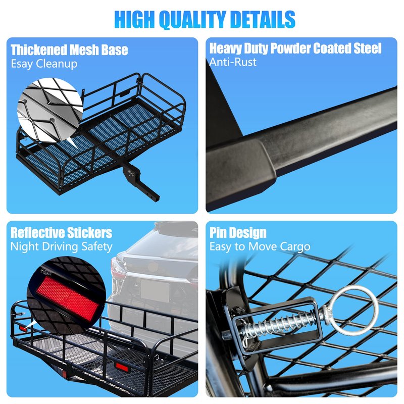 KAIRAY 500 Lbs Heavy Duty Hitch Mount Cargo Carrier 60"x24"x14.4" Folding Rear Luggage Rack Basket Fits 2" Receiver for Car SUV Camping Traveling with Stablizer Waterproof Bag Net Ratchet Straps Lock