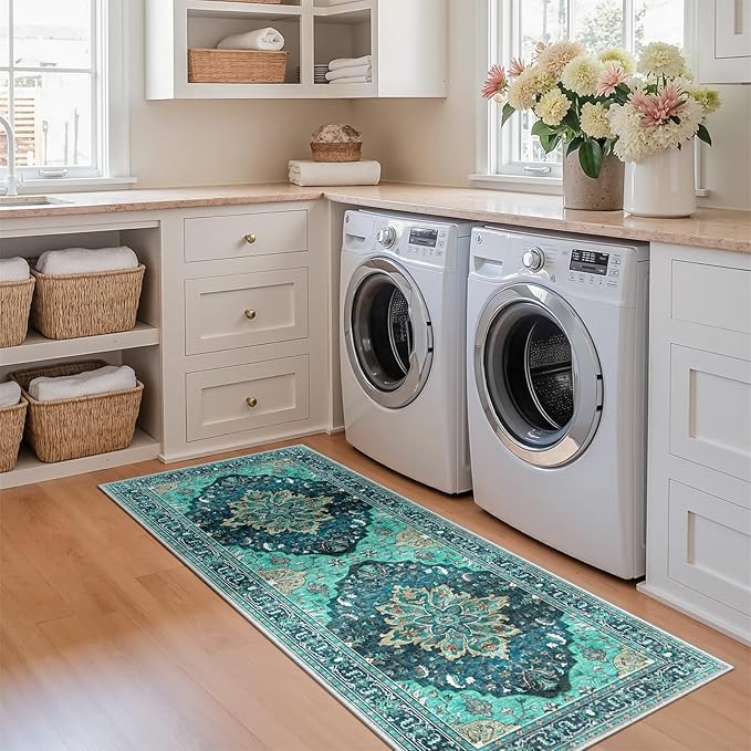 Area Rugs 2'x5' Runner Rug Non Slip Washable for Kitchen Hallway Bedroom Beside Laundry Room Bathroom Rug, Floor Carpet, Teal Green Lake Blue Turquoise