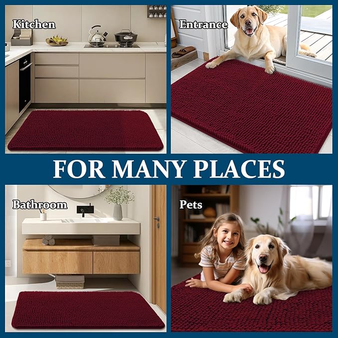 OLANLY Dog Door Mat for Muddy Paws 48x30, Absorbs Moisture and Dirt, Absorbent Non-Slip Washable Doormat, Quick Dry Chenille Mud Mat for Dogs, Entry Indoor Entryway Carpet for Inside Floor, Burgundy