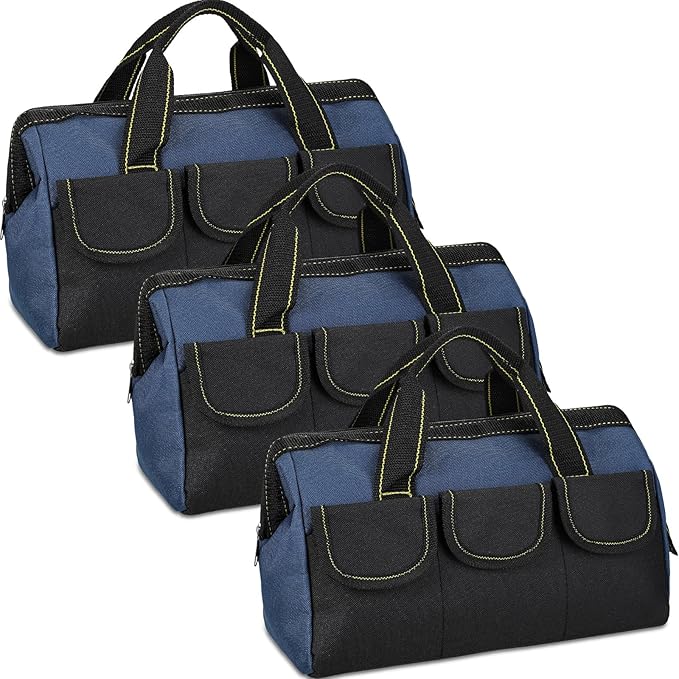 Sanwuta 3 Pack Tool Bag for Men with Waterproof Hard Bottom, Heavy Duty Tool Bag Wide Mouth Tote for Various Instrument, Electrician Carpenter Mechanic(Blue,16 Inch,Classic)