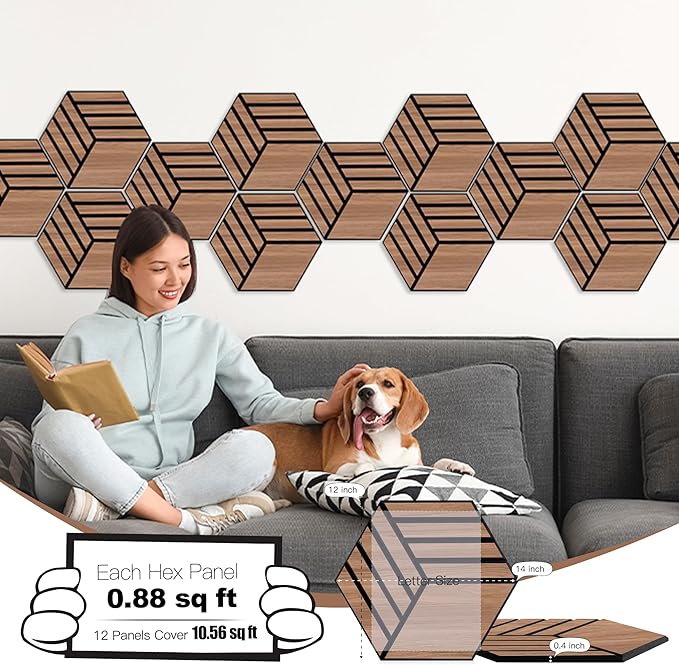 Mollywell Acoustic Panels, PVC Wood-Grain, 14x12 Inch Hexagon Carved Sound