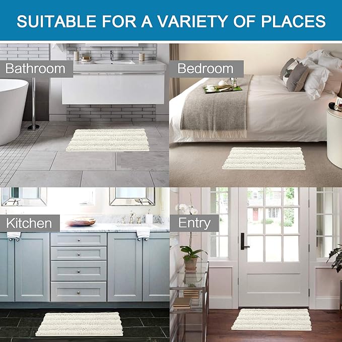 Non Slip Thick Shaggy Chenille Bathroom Rug Mat Set Extra Soft and Absorbent Striped Floor Rugs, 2 Piece, Machine-Washable