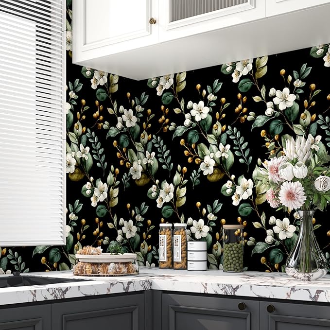 Black Floral Wallpaper Peel and Stick, Vintage Dark Green Leaves