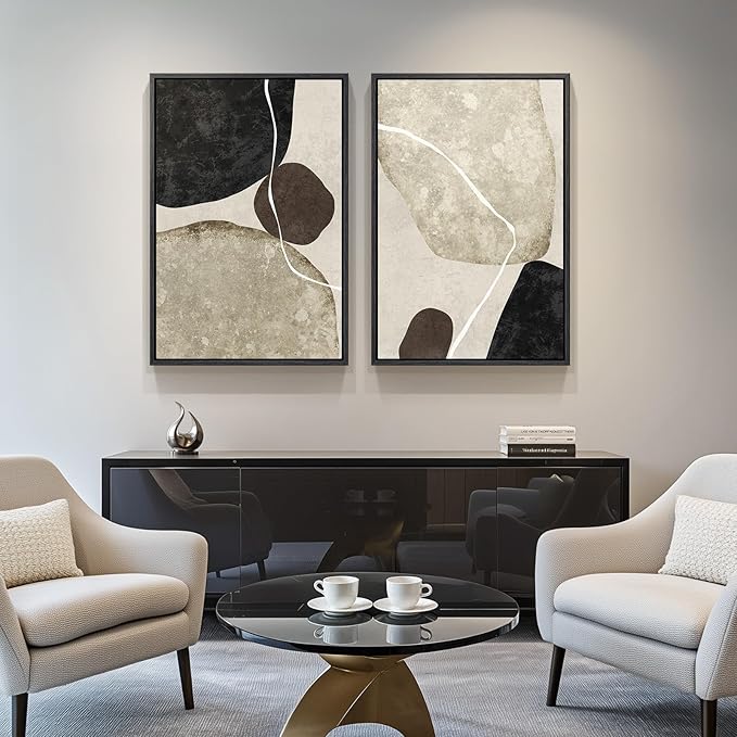Large Framed Neutral Abstract Wall Art Set of 2, Modern Black Beige Brown
