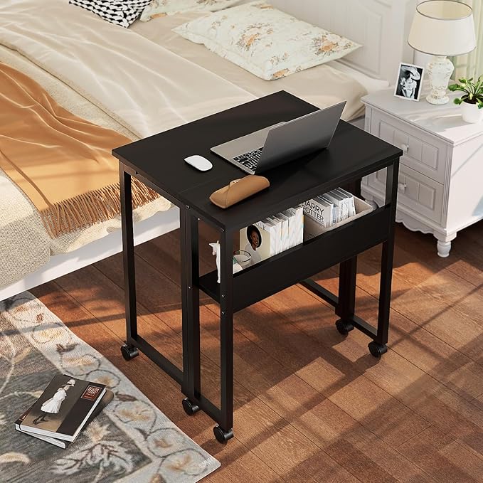 GreenForest Folding Desk Small Rolling Desk with Storage Shelf,24.8 inch Foldable Computer Desk with Wheels for Small Space,Easy Assembly,Black