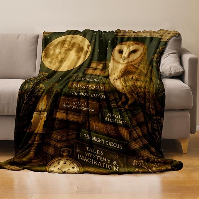 Mystical Owl and Moon Throw Blanket Gifts for Boys Girls Kids Adults, Vintage Magic Books Theme Flannel Blankets for Travel Sofa Living Room Decor 50"X60"