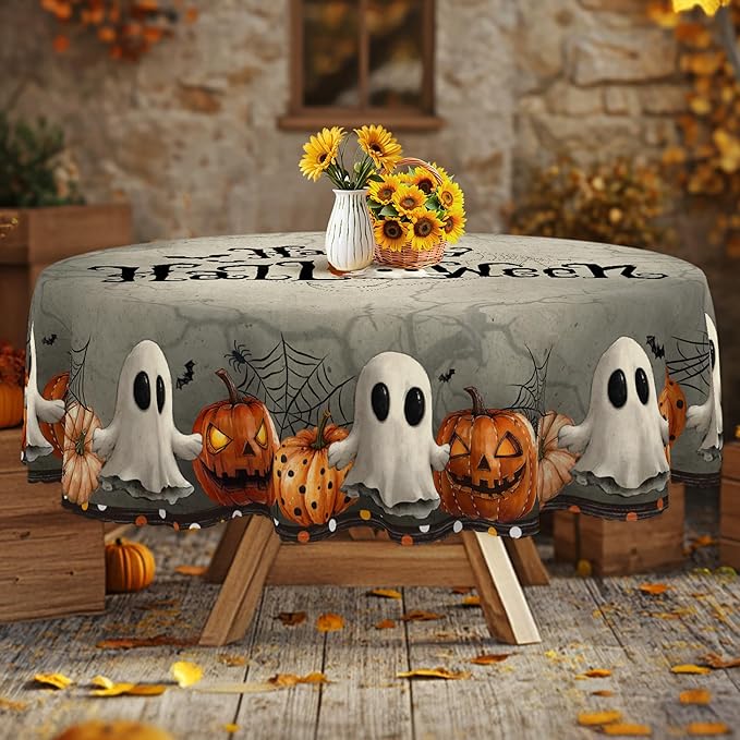 Eikione Round Tablecloth 60inch, Happy Halloween Tablecloth Waterproof and Wrinkle-Free, Table Covers, Summer Decorations for Home Dining