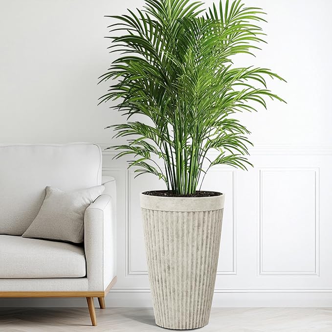 20" Resin Tall Planters for Outdoor Plants,Set of 2 Vintage Ivory Large Flower Pots with Handmade Fluted Texture,Heavy-Duty and Weather-Resistant for Porch Christmas Decor,Garden, Patio