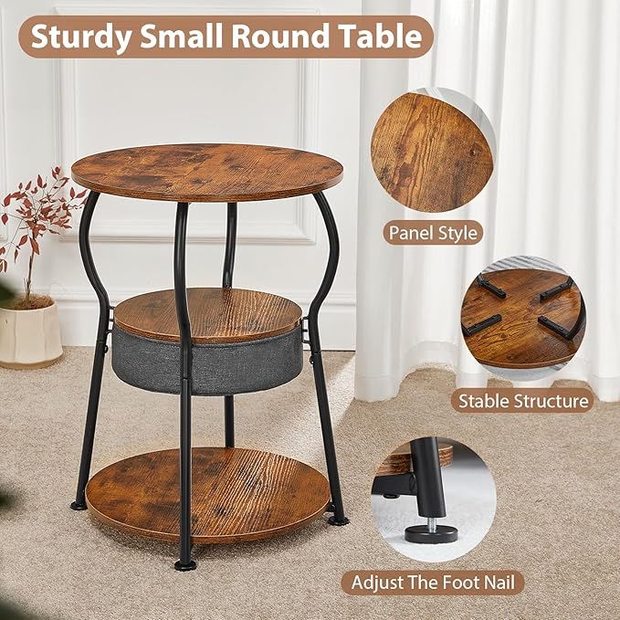 Small Round Side Table with Storage Bag, 3-Tier Accent Round End Table with Storage Shelves for Living Room, 21.6" H Vintage Small Corner Table for Smalls Spaces (D - 15.8 in Rustic Brown)