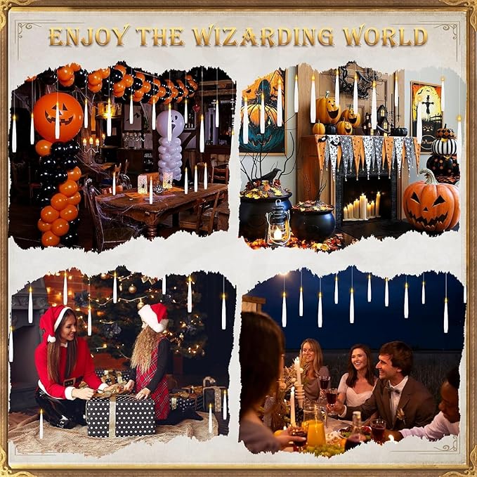12 PCS Floating Candles with Wand LED Magic Hanging Candle Battery Operated Candle with 13 Batteries Include Flickering Warm Light Floating Candles for Christmas Halloween Decoration