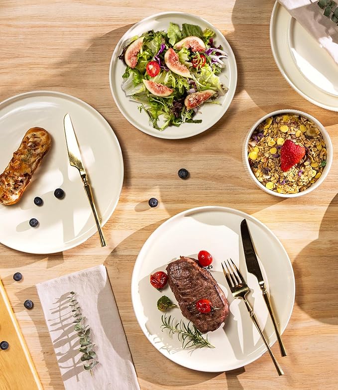 TheTerra Ceramic Dinnerware Sets for 6, 18 Pieces Porcelain Lightweight Plates and Bowls Sets, Scratch Resistant Dish Set, Oven & Microwave & Dishwasher Safe, Beige
