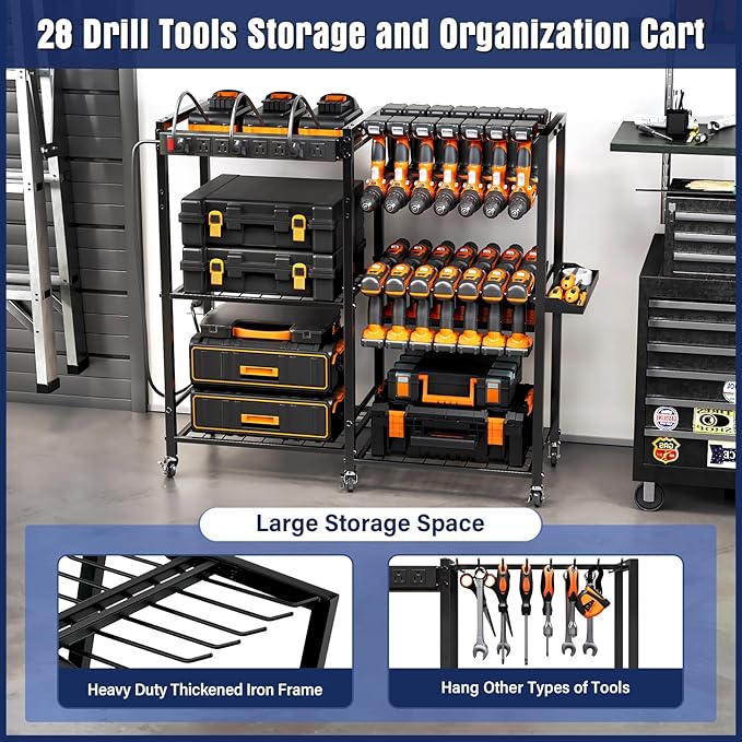 TC-HOMENY Power Tool Organizer Cart with Charging Power Strip, 28 Drill Tool Garage large Storage Racks with Wheels, Heavy Duty Tools Organizer Station, Festive Gifts for Men Dads