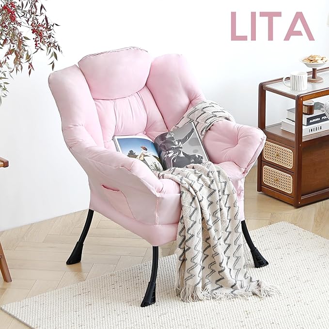 LITA Lazy Chair with Armrests and Side Pocket, Modern Upholstered Accent Reading Chair for Living Room, Bedroom, Dorm, Small Spaces, Single Pink