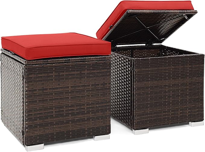Tangkula 2 Pieces Patio Ottomans, Patiojoy Hand-Woven PE Rattan Side Table with Removable Cushion & Hidden Storage Space, Multifunctional Storage Box, Seat for Patio, Backyard, Poolside (Red)