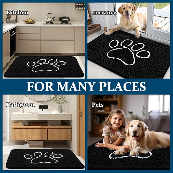 OLANLY Dog Door Mat for Muddy Paws 47x17, Paw Print Design, Absorbs Moisture and Dirt, Absorbent Non-Slip Washable Doormat, Quick Dry Chenille Mud Mat for Dogs, Entry Indoor Entryway Carpet, Black