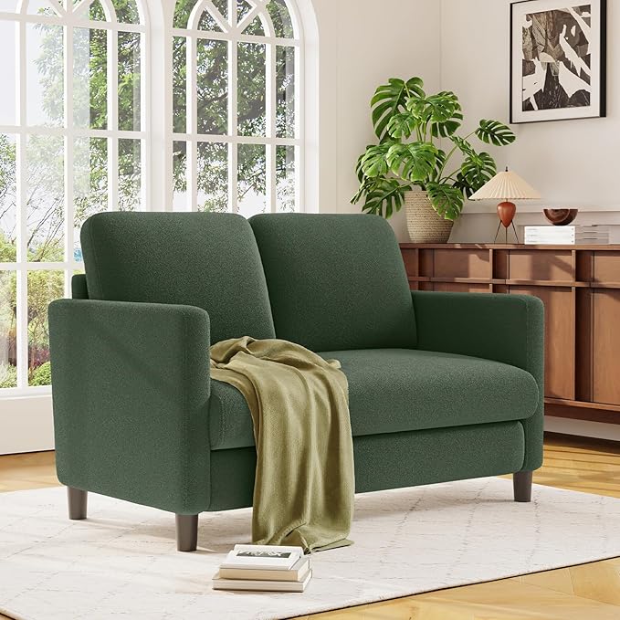 Loveseat Sofa, 51" Love Seat, Comfy Teddy Small Loveseat for Small Spaces, Tool-Free Setup Couch for Bedroom, All-Wood Couches for Living Room, No Pillow Included, Green
