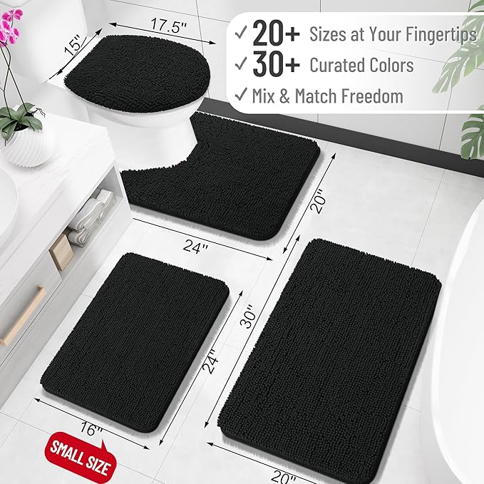 OLANLY Toilet Rugs U-Shaped 24x20, Extra Soft Absorbent Chenille Contour Bathroom Rugs for Toilet, Dry Quickly, Machine Washable, Non-Slip Bath Mat, Black