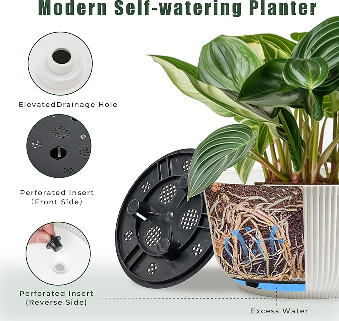 T4U 12 Inch Self Watering Pots for Indoor Plants, 2 Pack Large Plant Pots, Self Watering Planter for Indoor Plants, Durable Plastic Pots (2 Pack,12", White)
