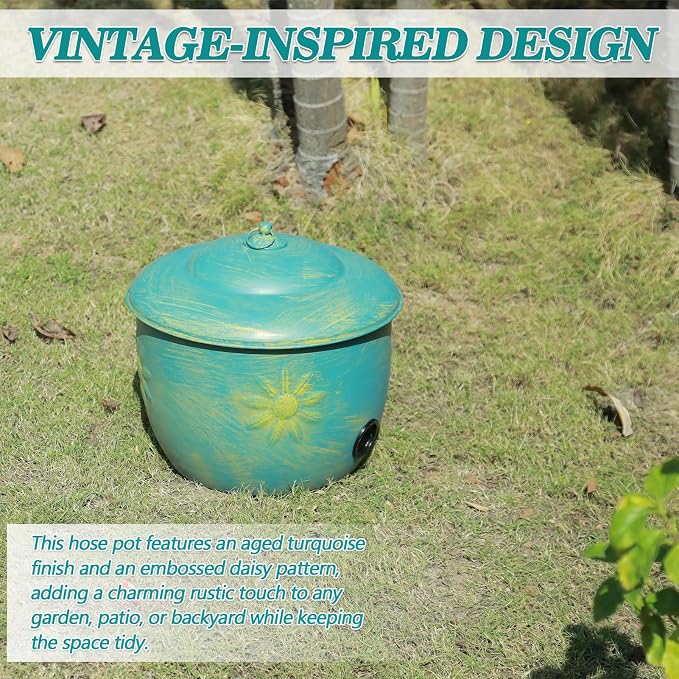 Vintage Blue Metal garden Hose Holder Storage Pot with Sunflower Decor,Holds up to 100ft Hoses.