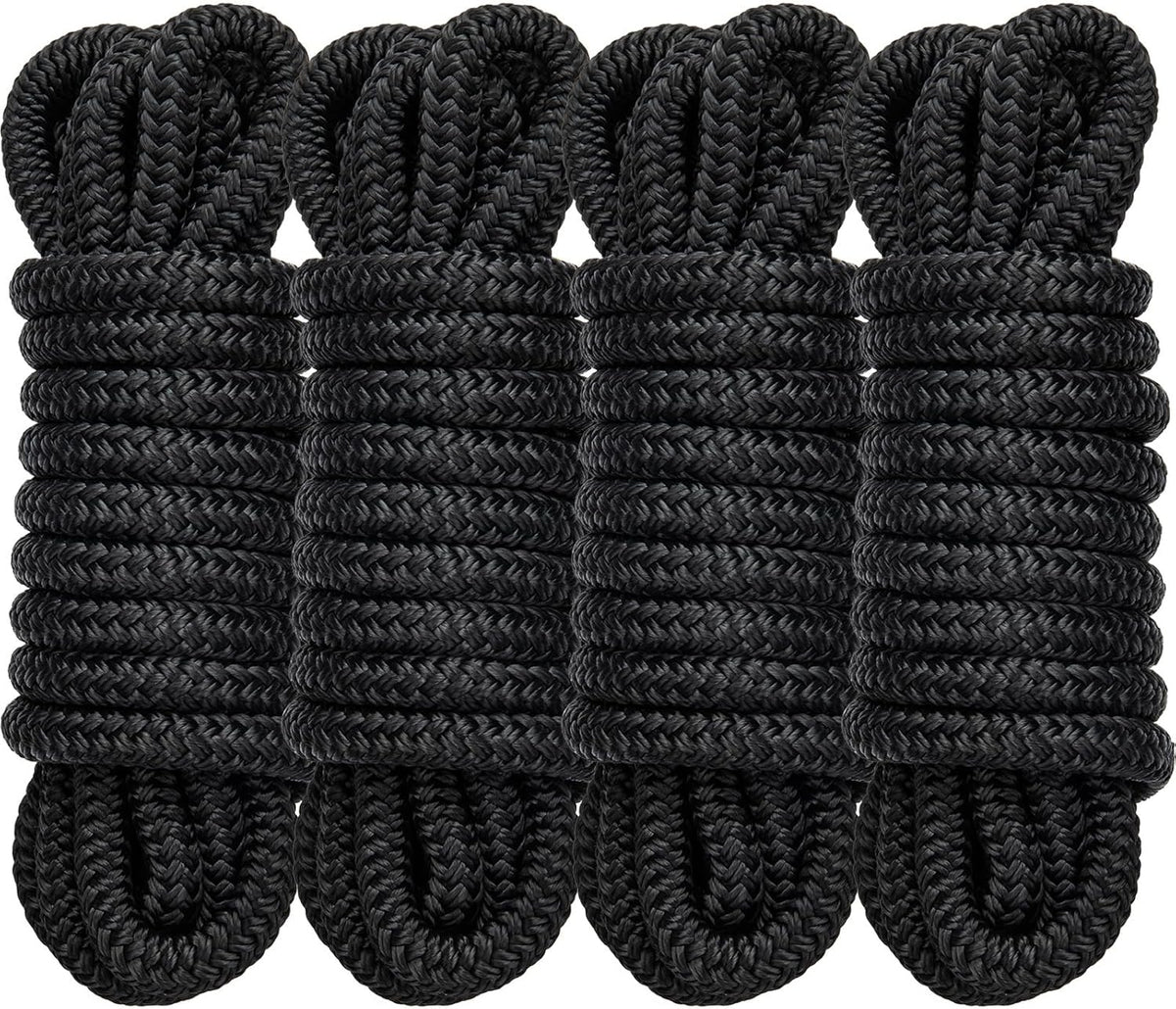 Premium Marine-Grade Dock Lines by [Brand Name] - 4 Pack 1/2" x 15’ Double Braided Nylon with 12" Eyelet - Black