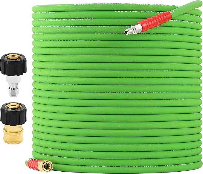 PWACCS Pressure Washer Hose 100FT, 3/8" Quick Connect Power Washing Hose Kink Resistant Steel Wire Braided, M22 14 Adapters, Cold/Hot Water, 4000 PSI