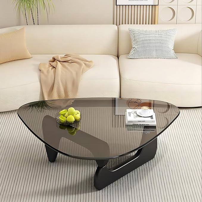 EASYSOUL Modern Glass Coffee Table, 32.68" D x 22.44" W x 15.75" H, Abstract Round Tea Tables for Living Room Home Office Industrial Cocktail Tables (Black-Gray Glass, 32.68")