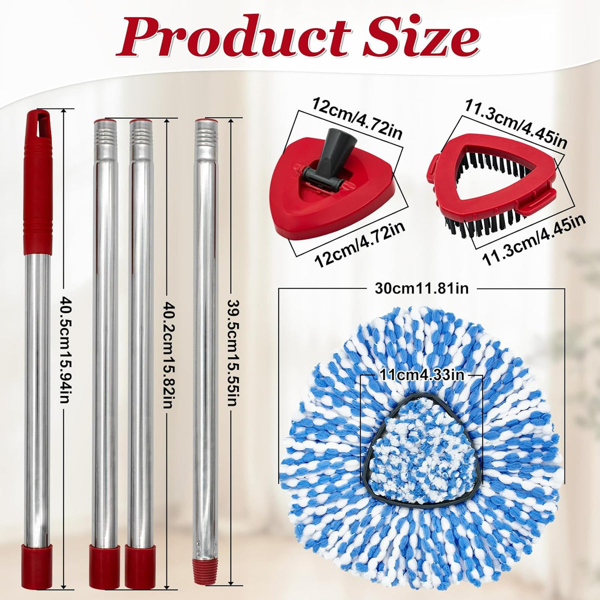 Spin Mop Handle,Mop Heads Replacements,Scrubber Mop Head and Mop Base Combo Set Compatible with Ocedar RinseClean 2-Tank Spin Mop,Mop Replace Head and Scrub Brush Set for Multi-Surface Hard Floor