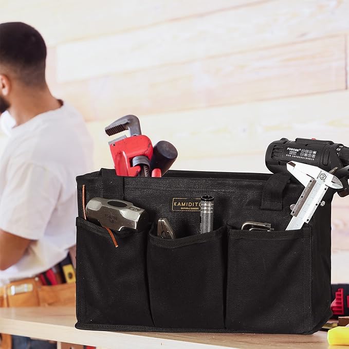 Tool Pouch, Heavy Duty 16oz Waxed Canvas Tool Bag, Rectangle Foldable Open Top Tool Bags with Handles, 7 Pockets | 13.5 x 7.8 x 7.8 Inches