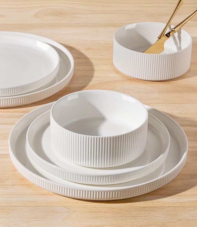 TheTerra Ceramic Dinnerware Sets with Pasta Bowls for 4, 16 Pieces Porcelain Lightweight Plates and Bowls Sets, Scratch Resistant Dish Set, Oven & Microwave & Dishwasher Safe, Bright White