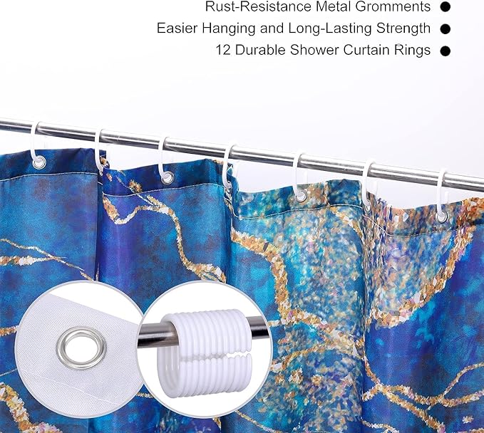 Marble Shower Curtain, Blue Marble Shower Curtain Set, Abstract Luxury Blue Golden Glitter Veins Texture Marble Shower Curtains for Bathroom, Waterproof Fabric, 36 x 72 inches