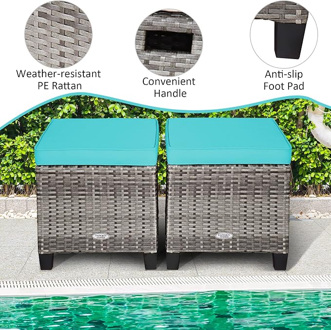 Tangkula 2 Pieces Patio Rattan Ottomans, Outdoor Wicker Footstool Footrest Seat with Soft Cushions and Steel Frame, All-Weather Patio Ottoman Set for Backyard Garden Poolside
