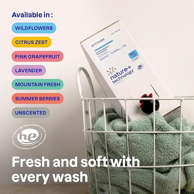 ATTITUDE Liquid Laundry Detergent Refill, EWG Verified, HE Compatible, Plant-Based & Vegan, Natural Laundry Soap, Wildflowers Scent, 160 Loads, 135.26 Fl Oz (Pack of 2)